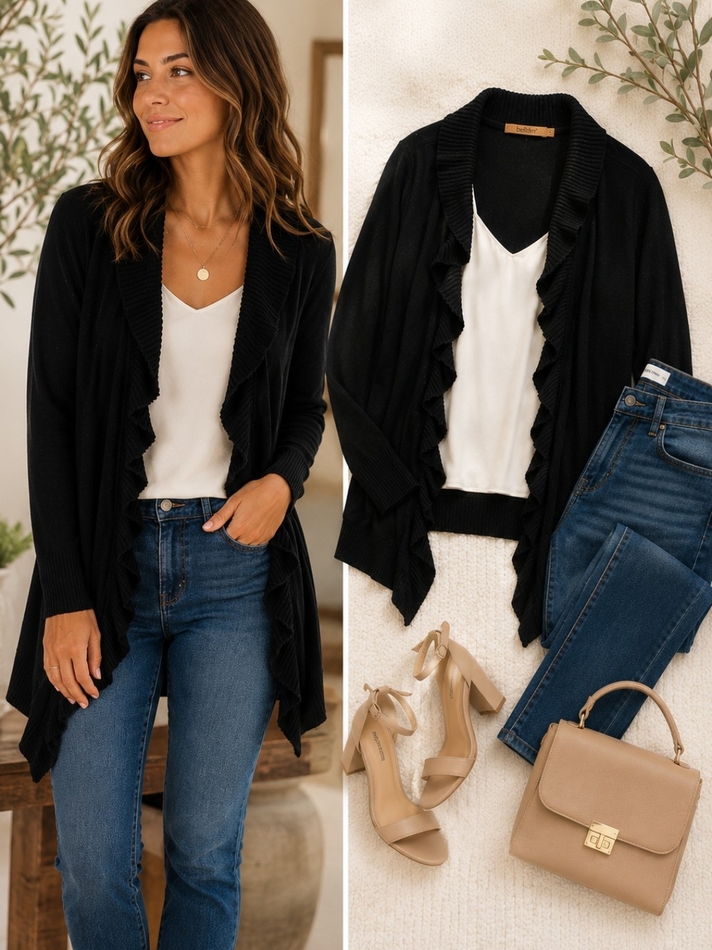 Belladini Black Ruffle Open Front Cardigan Sweater Large Soft Drape Office Chic